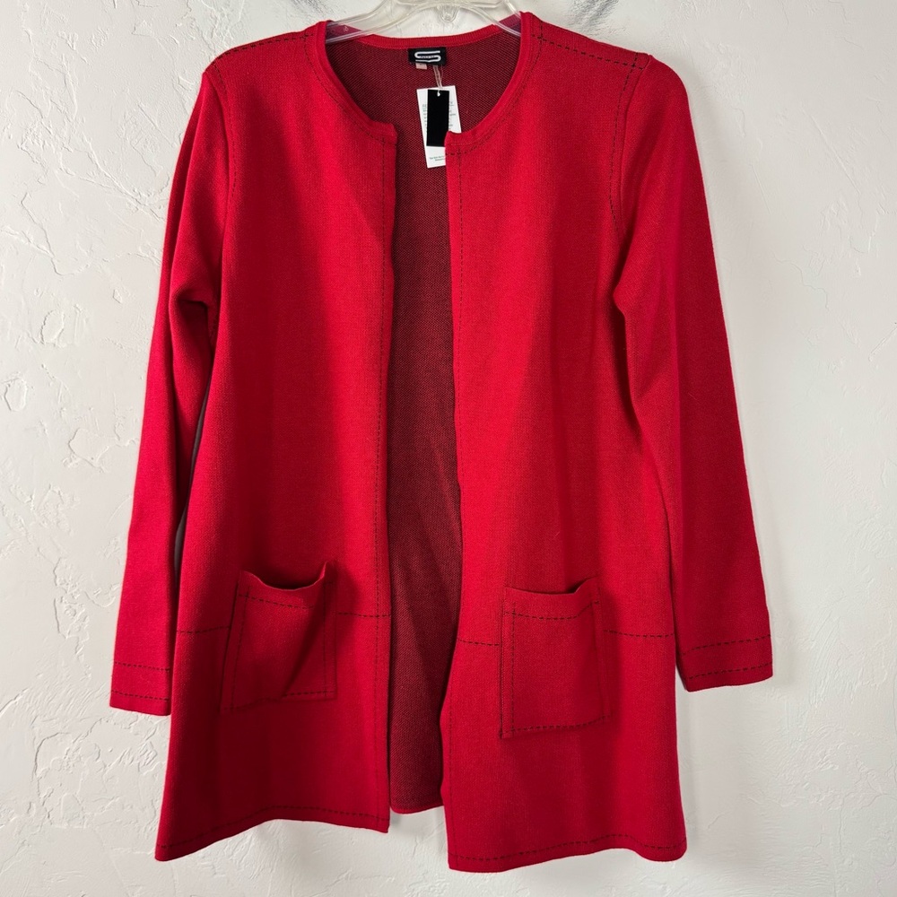 Inois Cardigan Sweater‎ Dark Red Black Contrast Stitching Open Front Long Sleeve